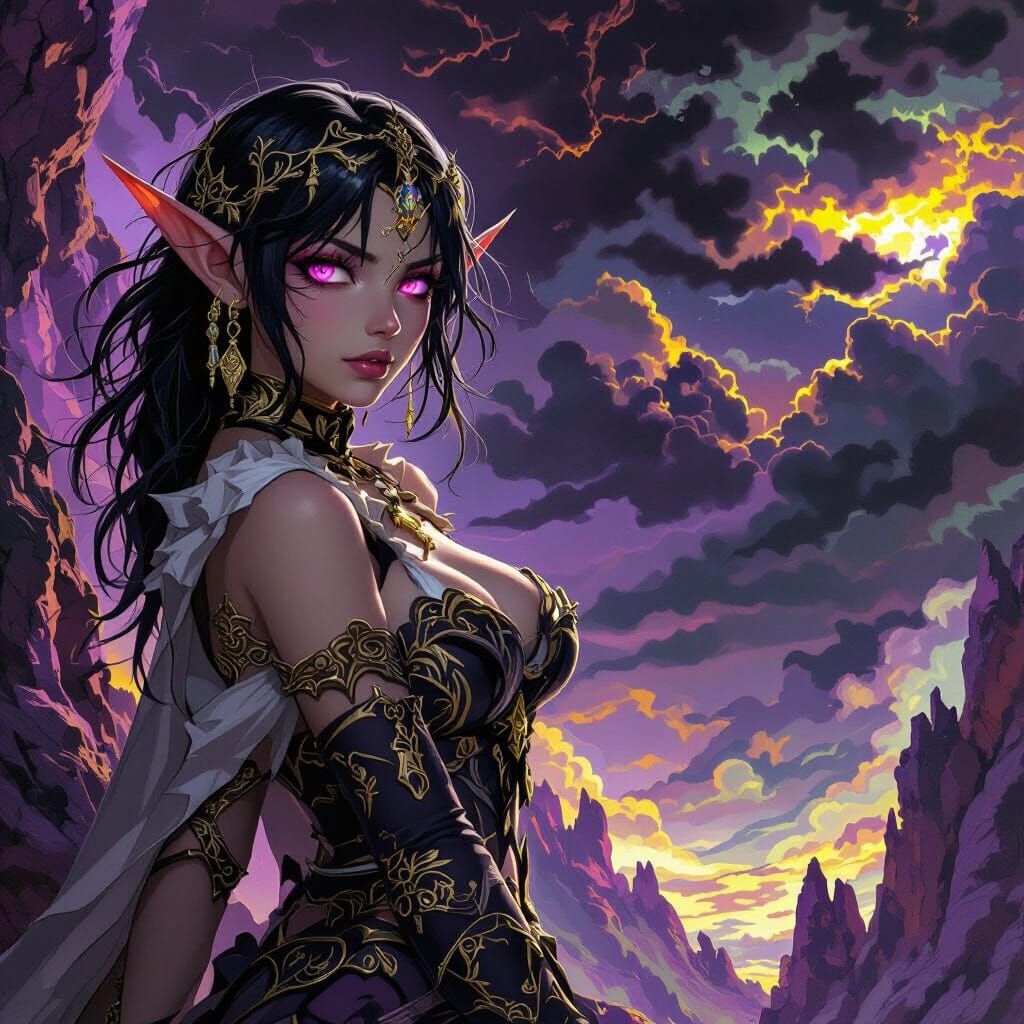 Dark Elf on Purple Cliff in Dark Fantasy Style