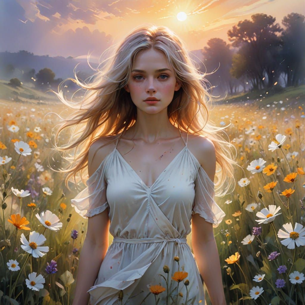 Ethereal Woman in Flower Field, Concept Art Watercolor