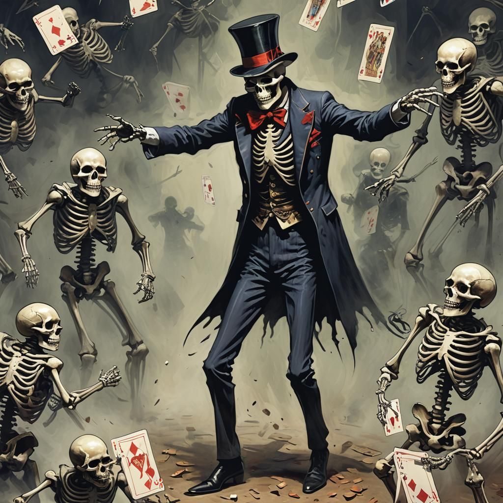 Sinister Skeleton Magician Dancing with Terror Cards
