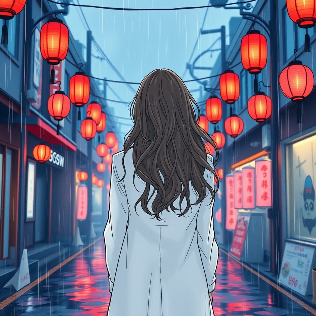 Lady Walks Alone Under Vibrant Red Lanterns in Rainy Street ...