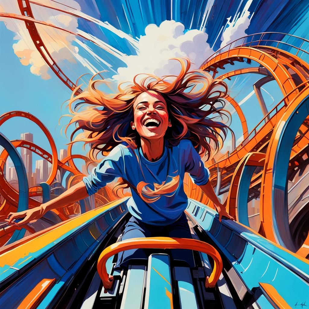 Joyful Girl on Rollercoaster in Industrial Futurism Style