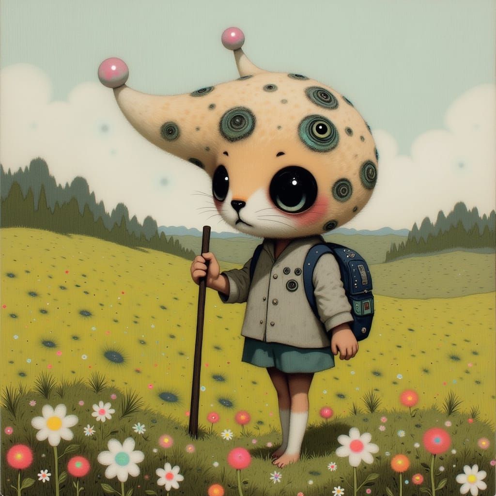Whimsical Cheetah-Snail Strolls Through a Colorful Meadow