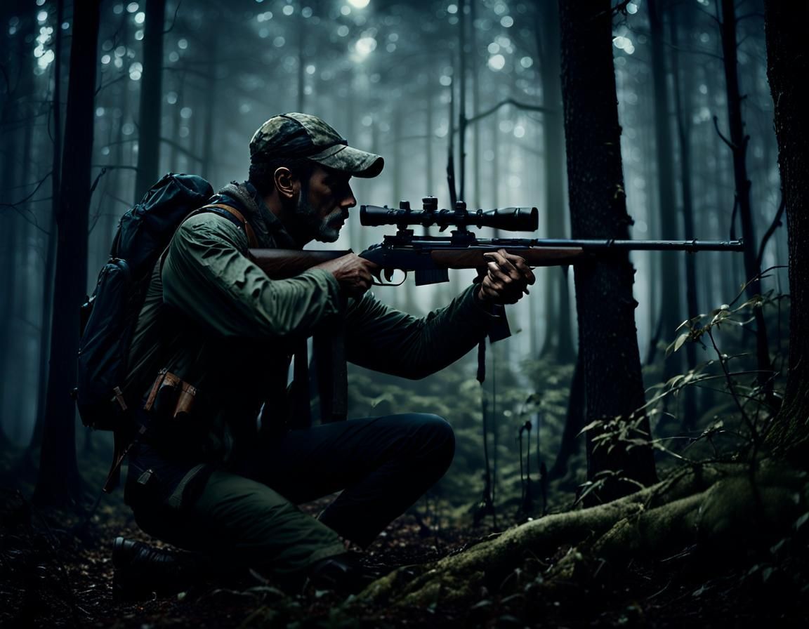 Hunter in the Moonlit Forest, Moody Film Still with Intense...