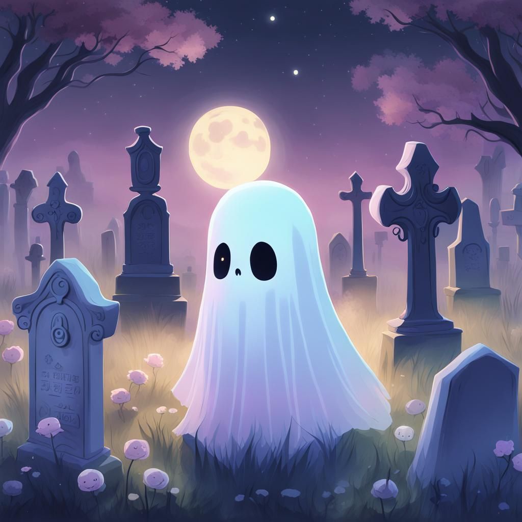Chibi Ghost in Graveyard: Kawaii Anime Illustration