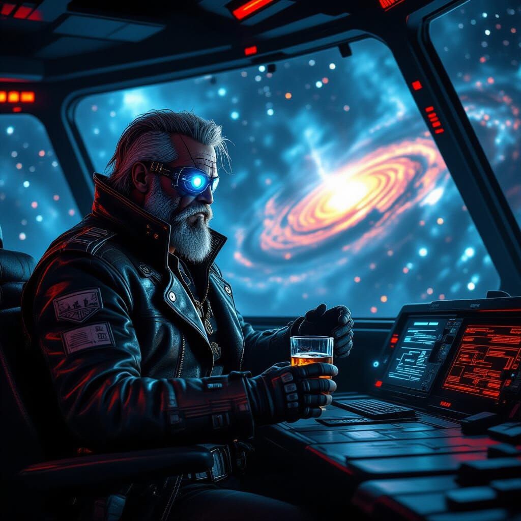 Space Pirate Captain on Frigate in Dystopian Futurism