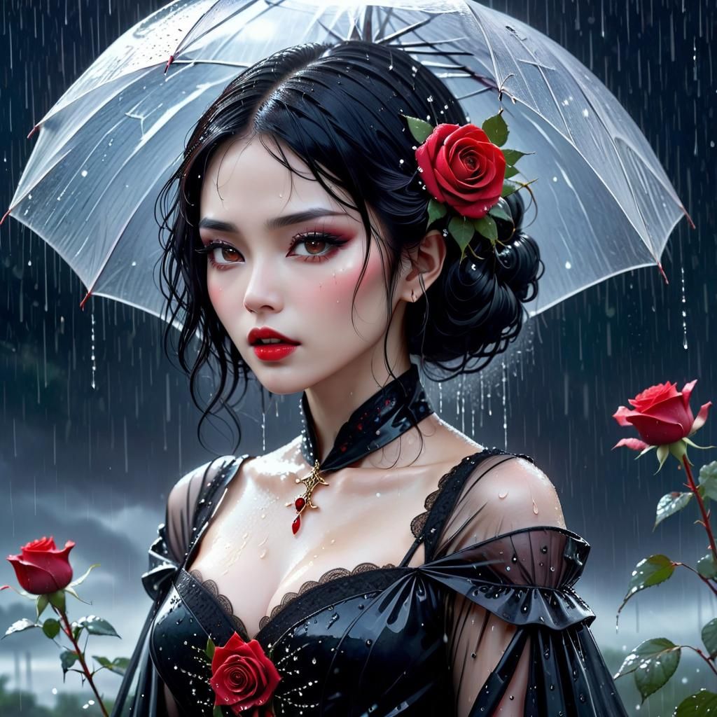 Pale Asian Vampire in Rainy Gothic Fantasy Art