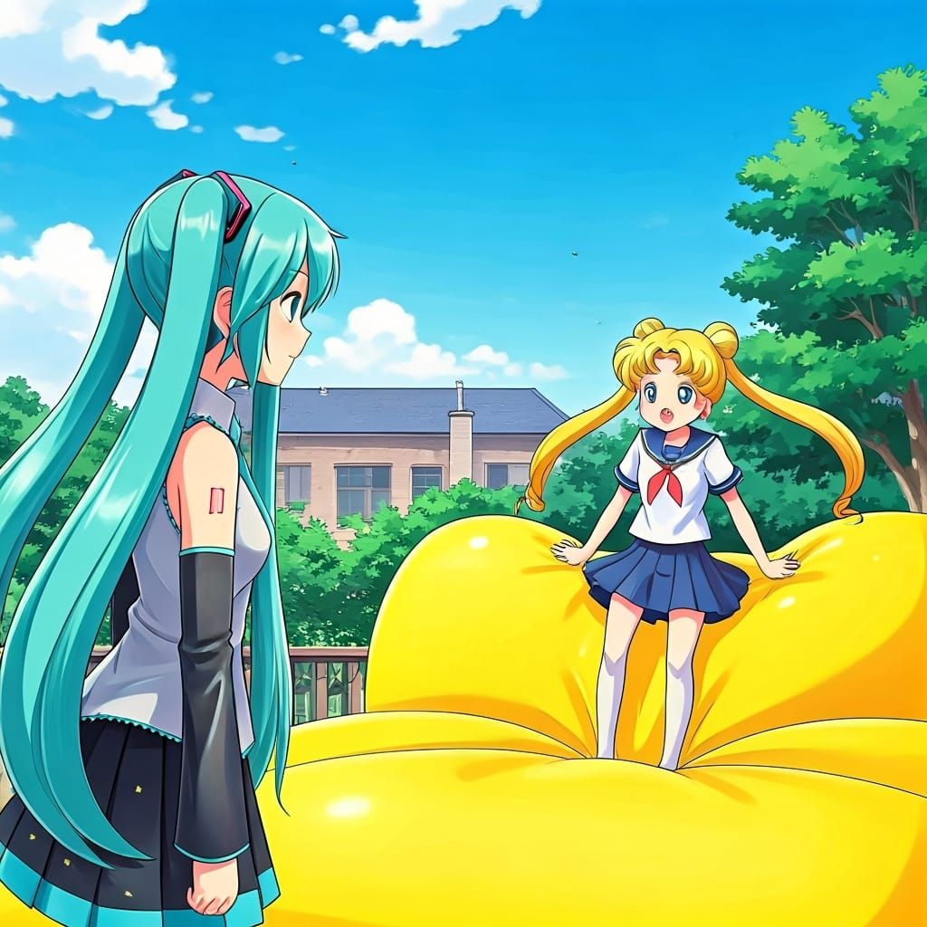 Hatsune Miku and Usagi on Bouncy Castle, Ghibli Style