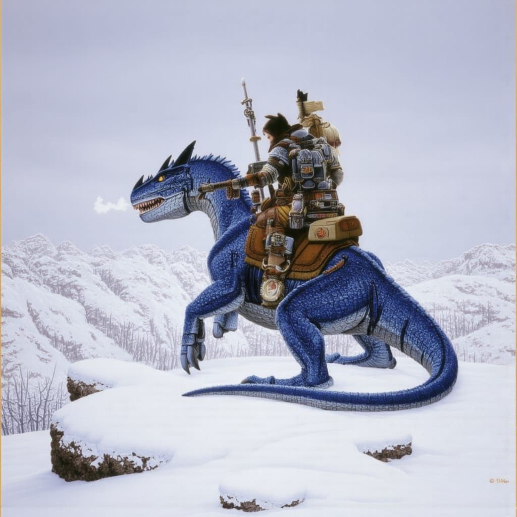 Epic Tundra Landscape with Blue-Scaled Lizard and Warrior