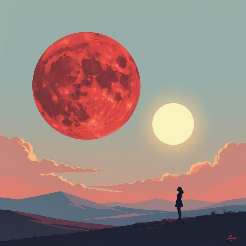 Surreal Moon and Sun Nightscape in Geometric Style