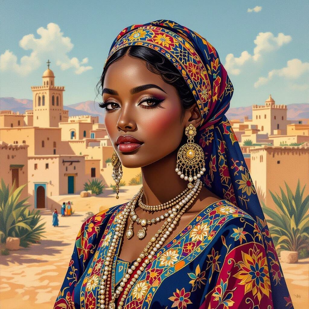 Haratin Woman in Traditional Dress as Gouache Painting