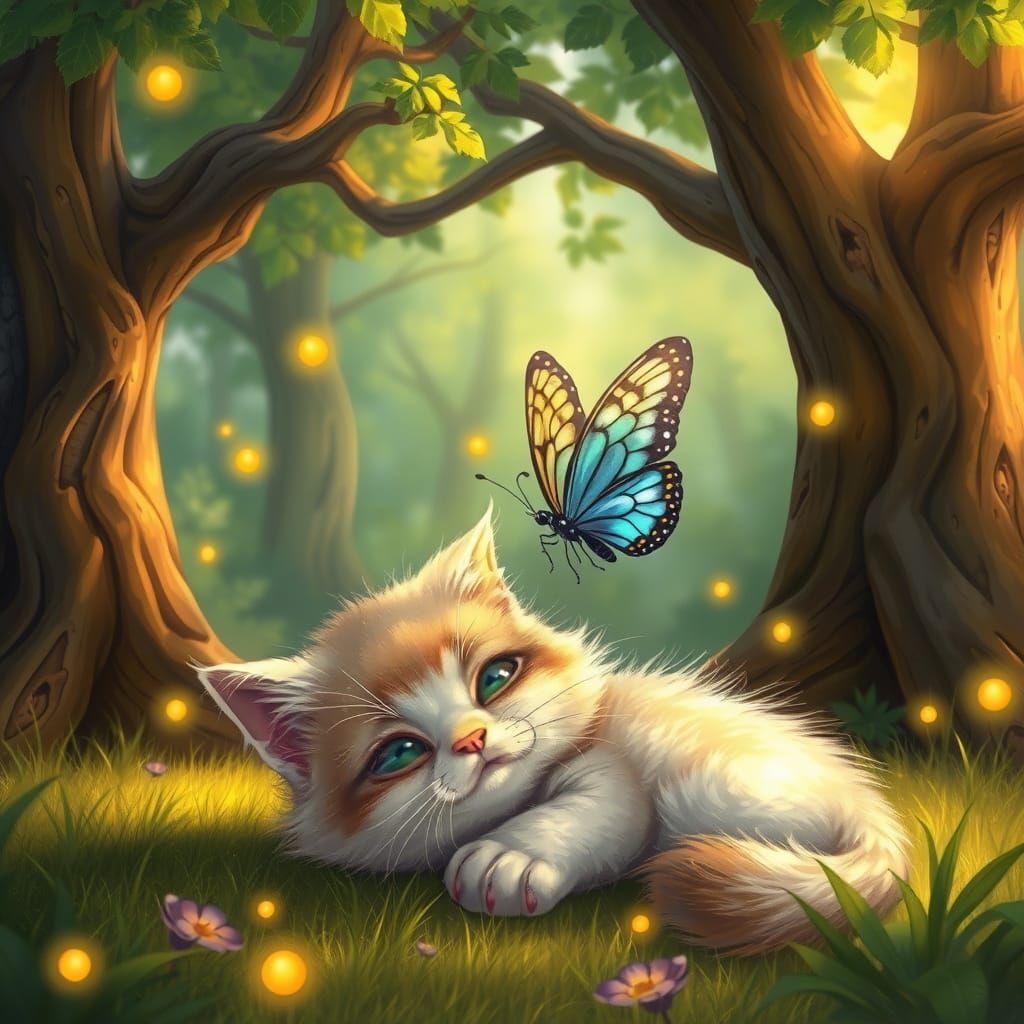 Whimsical Kitty in Enchanted Forest with Butterfly