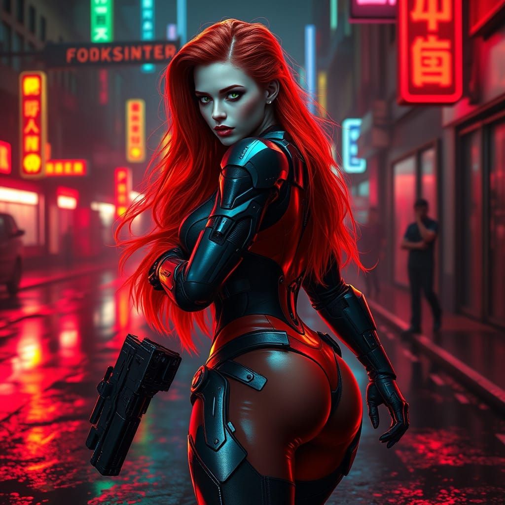 Cyberpunk Warrior with Fiery Red Hair and Neon-Lit Armor