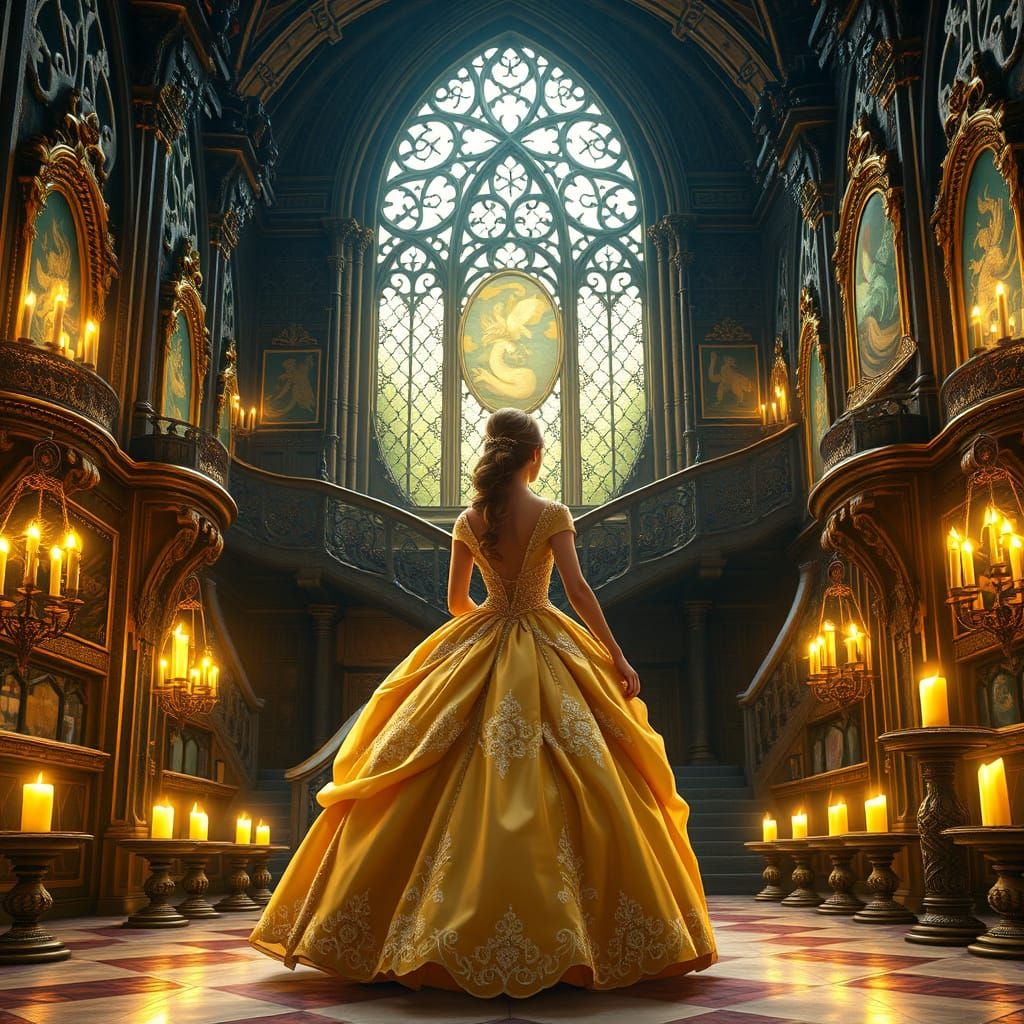 Enchanted Castle Ballroom Scene in Golden Hour