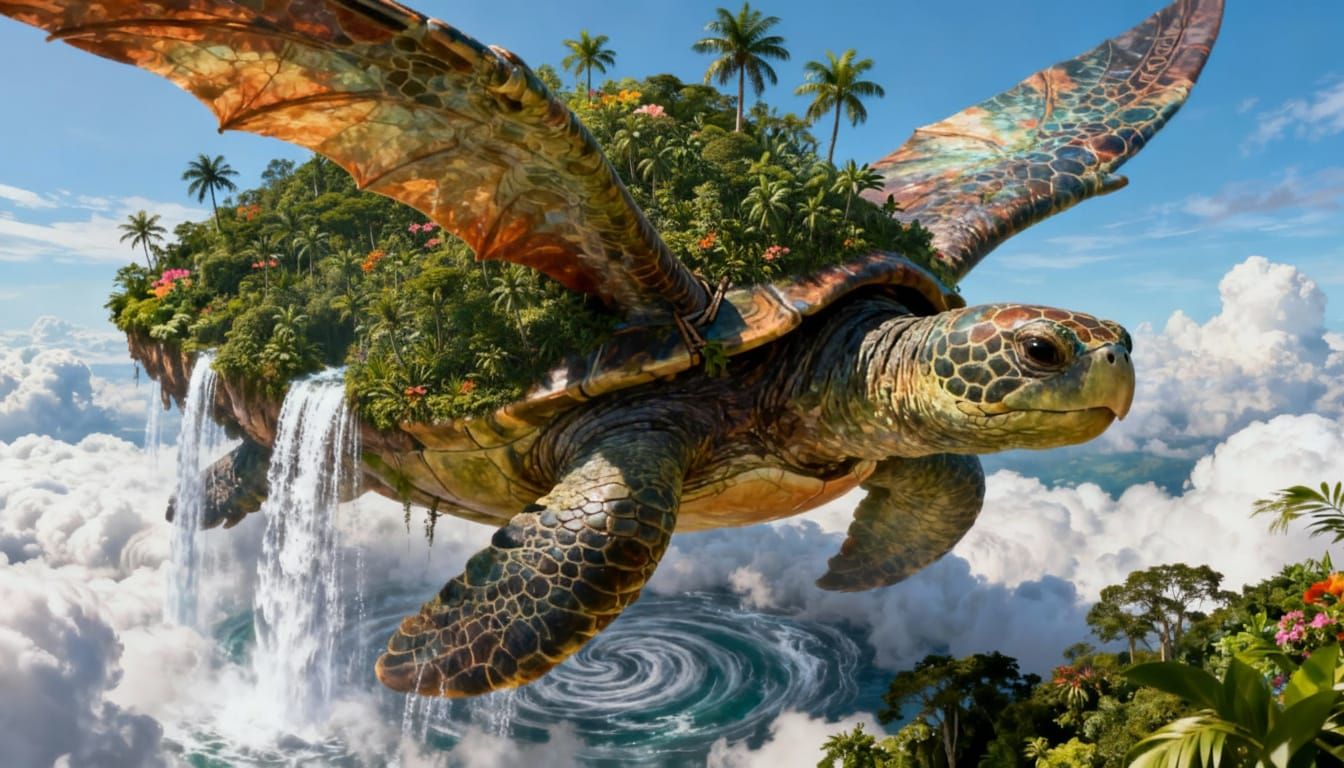 Giant Flying Tortoise Island with Waterfalls