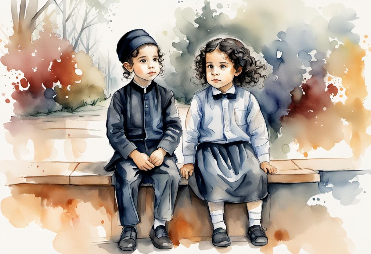 Children by River: Watercolor Style Digital Sketch