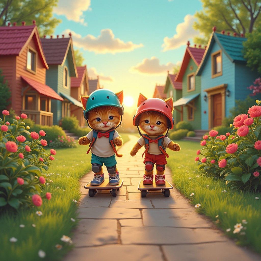 Kitten and Puppy Skate Through Emerald Suburbia