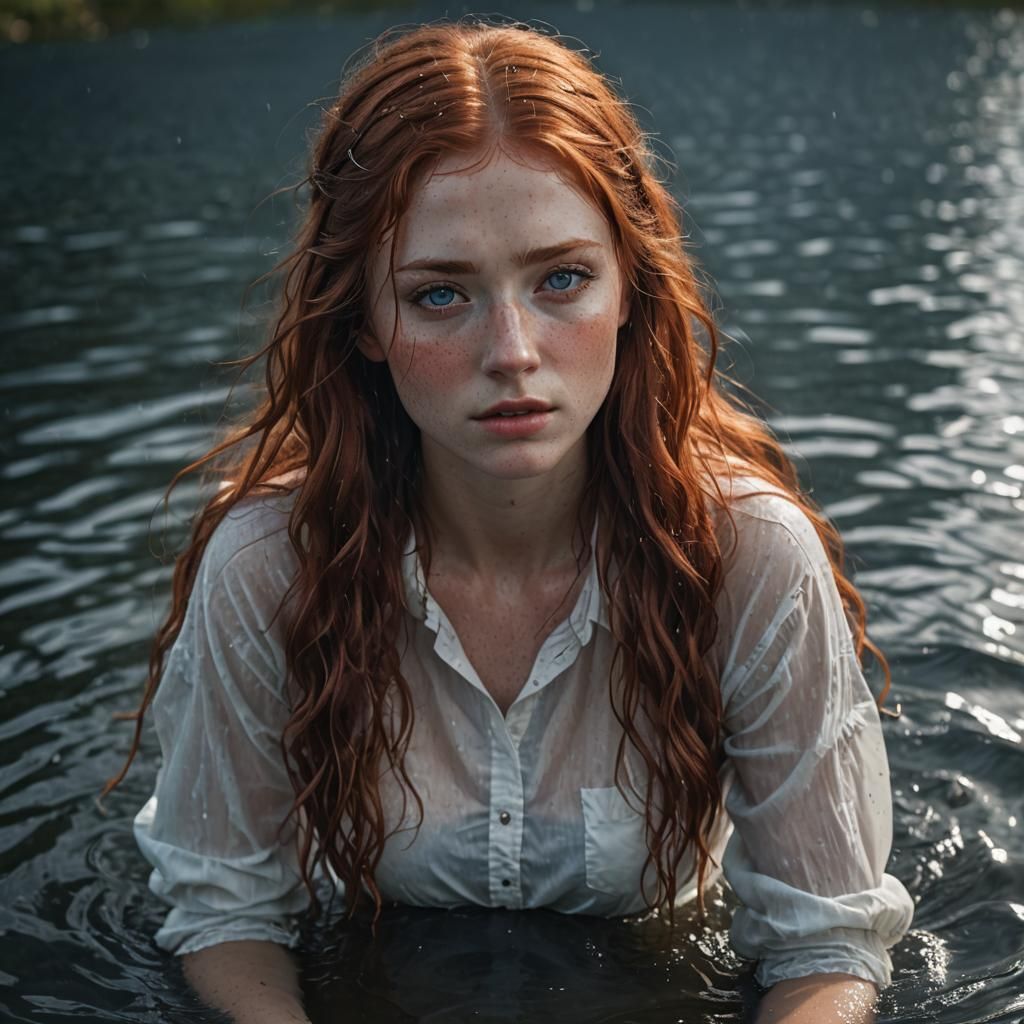Redhead Emerges from Lake in Photo-Realistic Style