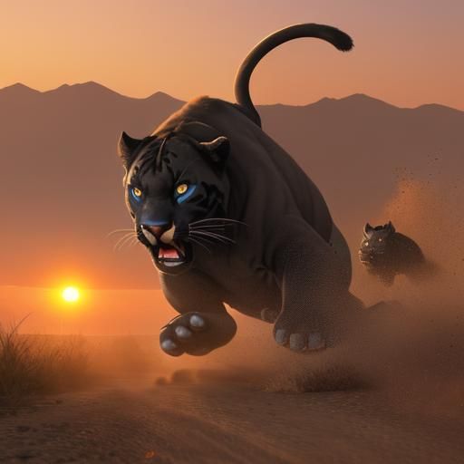 Panther Attacks Buffalo in Sunset Dust