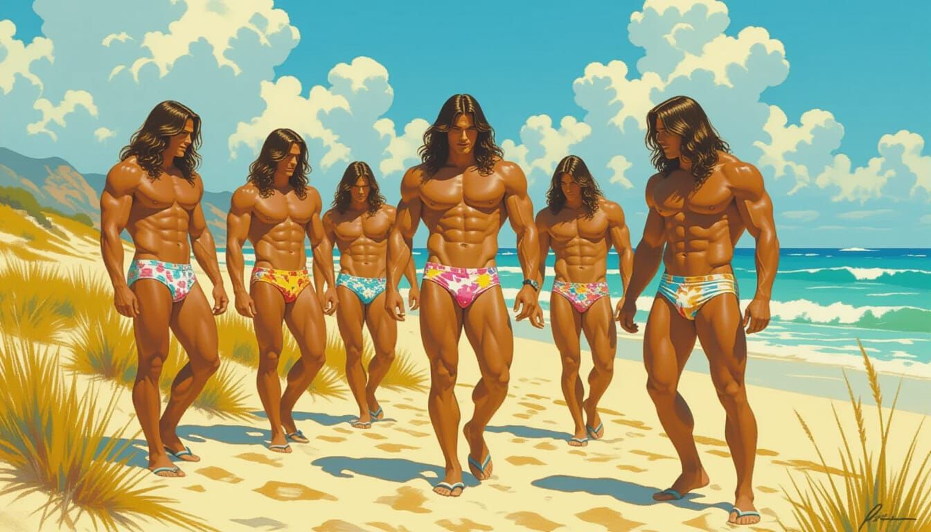 Muscular Men in Tiny Briefs Play in Meadow Near Beach