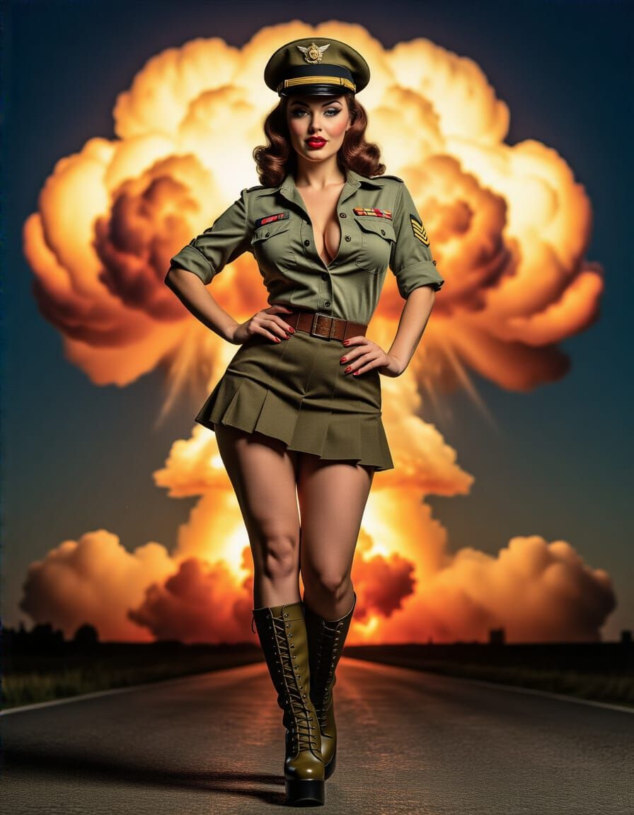 Vintage Pin-Up Woman Walks Towards Explosion