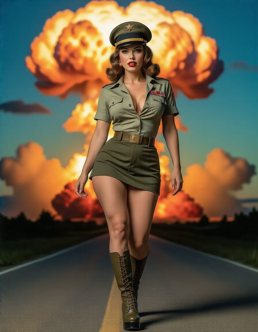 Vintage Pin-Up Woman Struts Past Mushroom Cloud Explosion