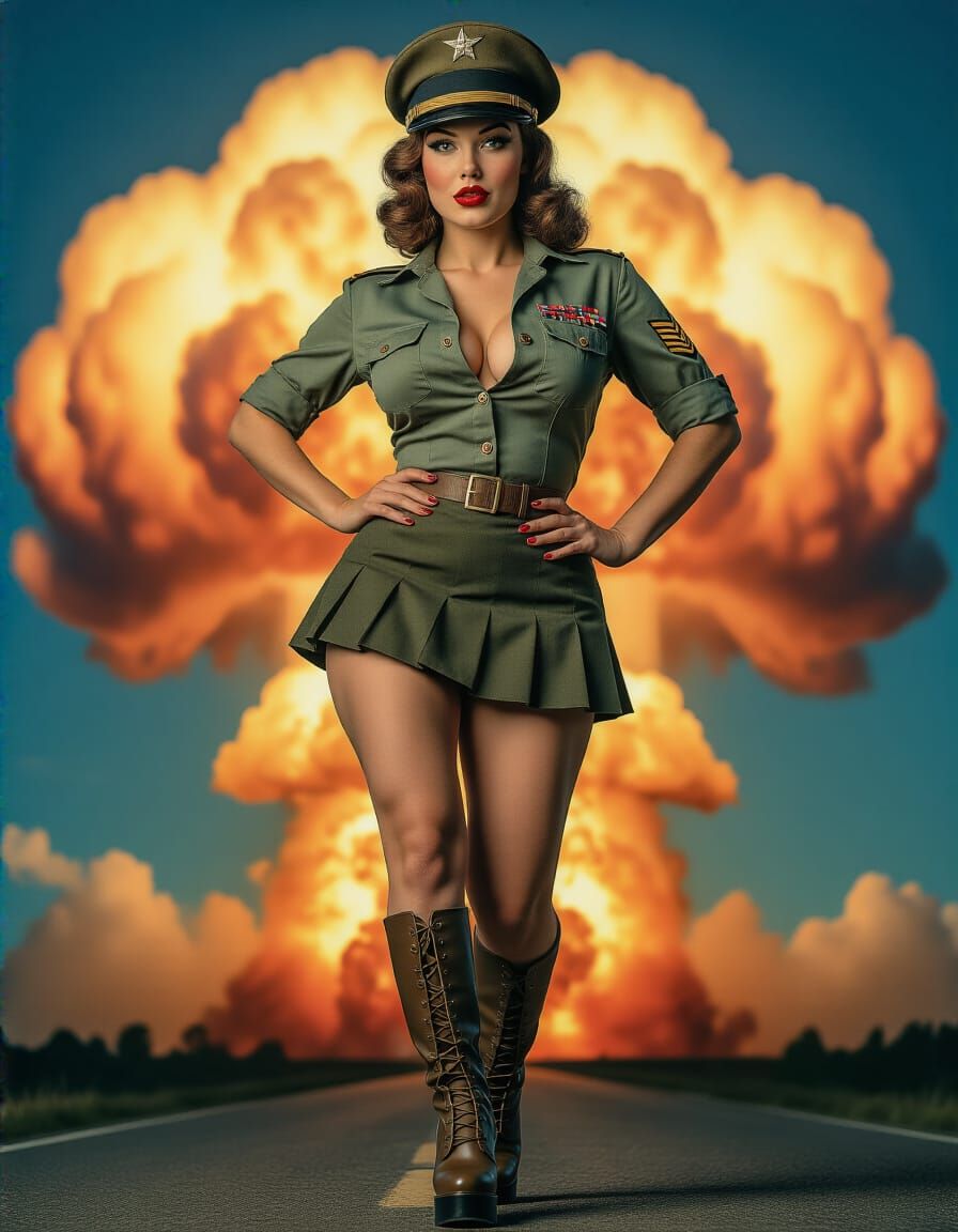 Vintage Pin-Up Girl Struts Towards Explosion