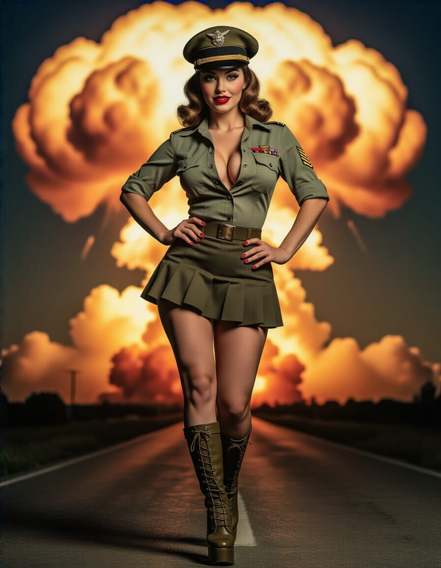 Vintage Pin-Up Girl Struts Towards Explosion