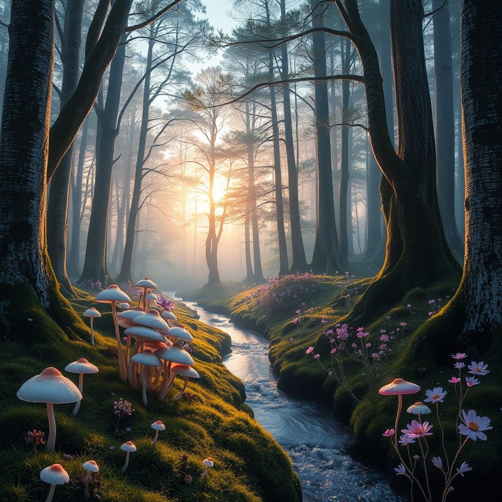 Mystical Forest at Dawn in Dreamy Watercolor Style