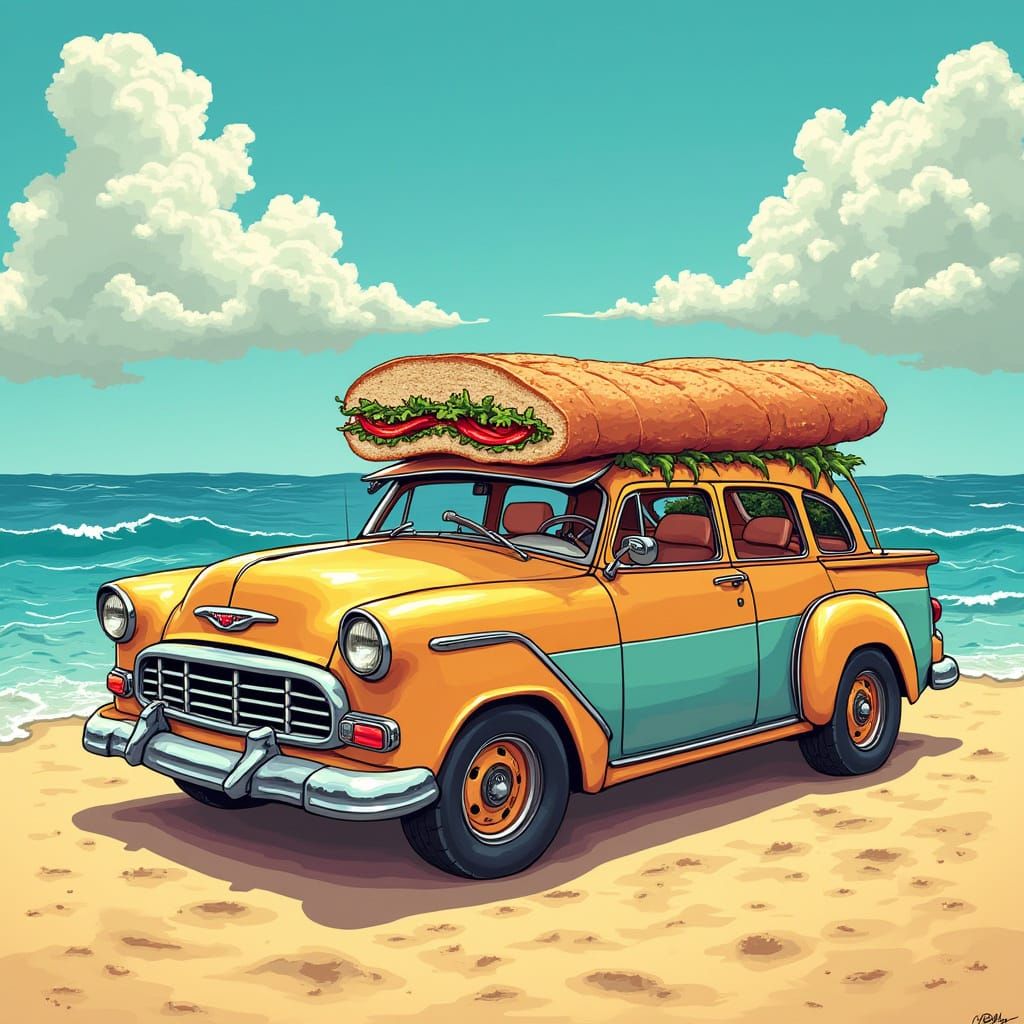 Car Devouring Sandwich on Sandy Beach
