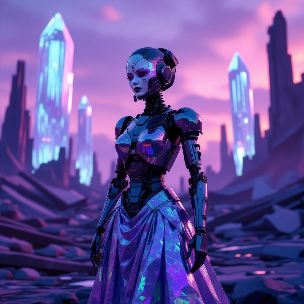 Weathered Robot Showgirl in Ruined Alien City
