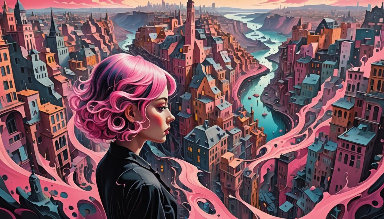 Dreamlike Cityscape with Figure, Surrealist Style