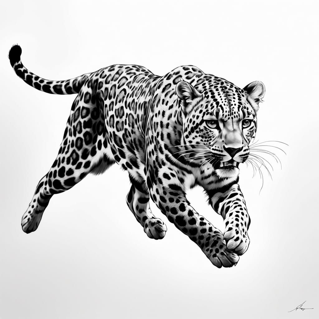 Elegant Leopard Line Drawing in Dynamic Leap