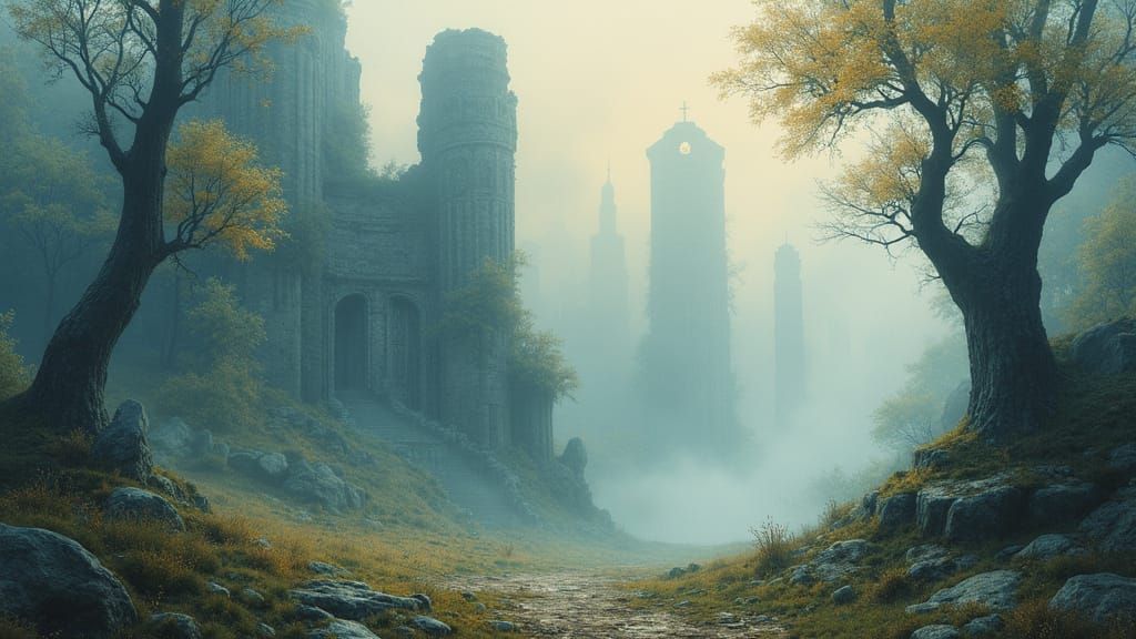 Ethereal Fantasy Ruins in Hyperdetailed Fog