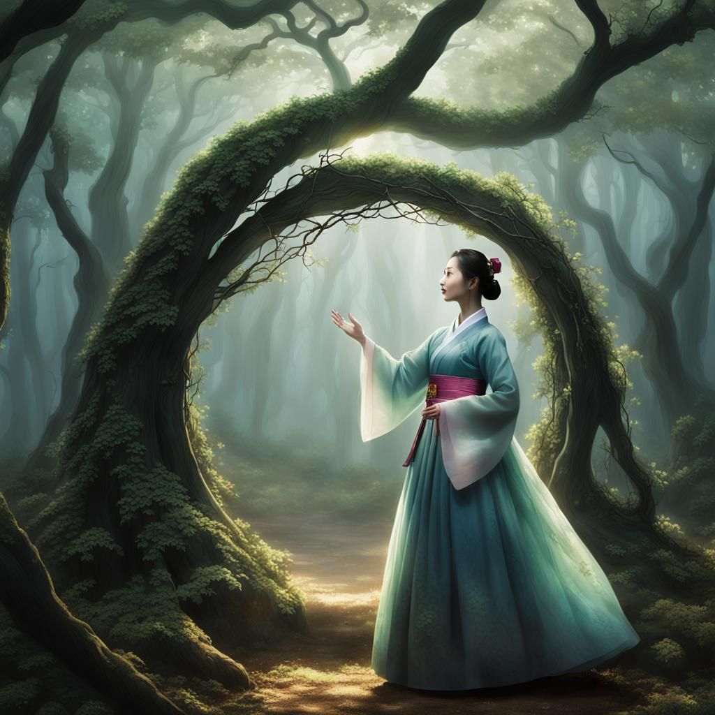 a young woman in a traditional Korean hanbok who discovers a...