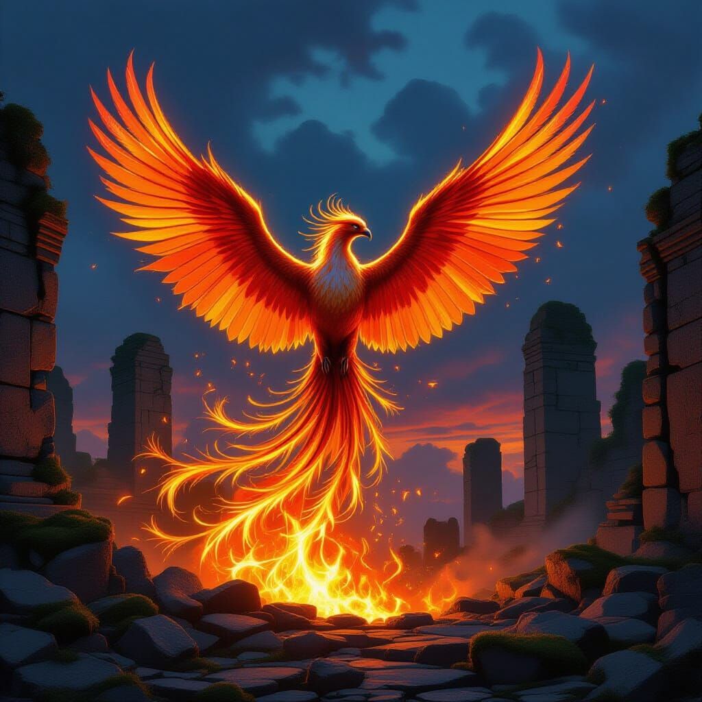 Phoenix Rising from Embers in Fantasy Style