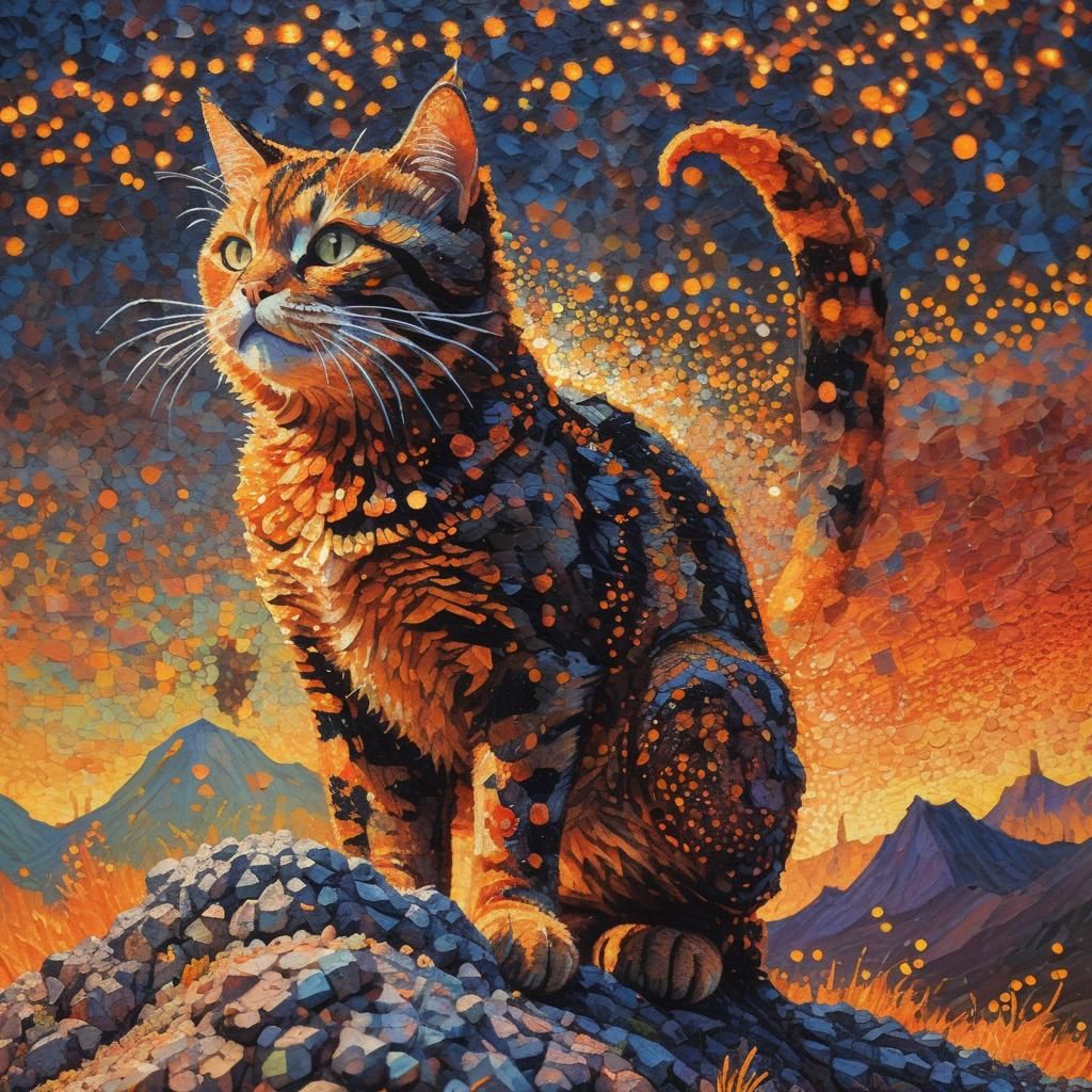 Fiery Cat Rides Scooter: A Pointillist Hellscape
