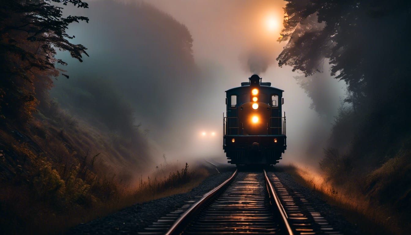 Eerie Train Emerges from Foggy Landscape
