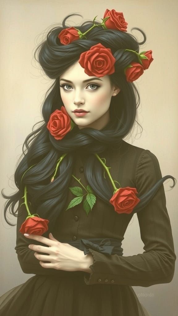 Hyper Realistic Vampire Red Roses in Jet Black Hair Pop Art