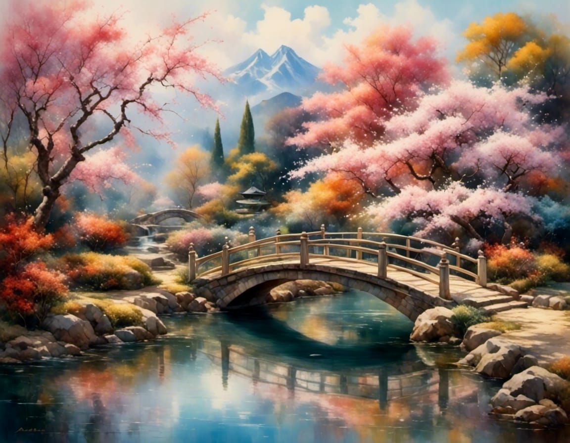 Japanese Garden with Cherry Blossoms: Digital Painting