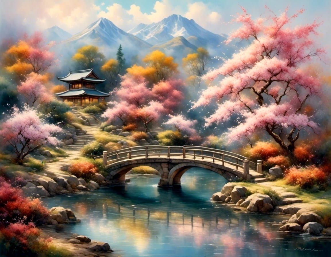 Japanese Garden with Cherry Blossoms in Watercolor Style