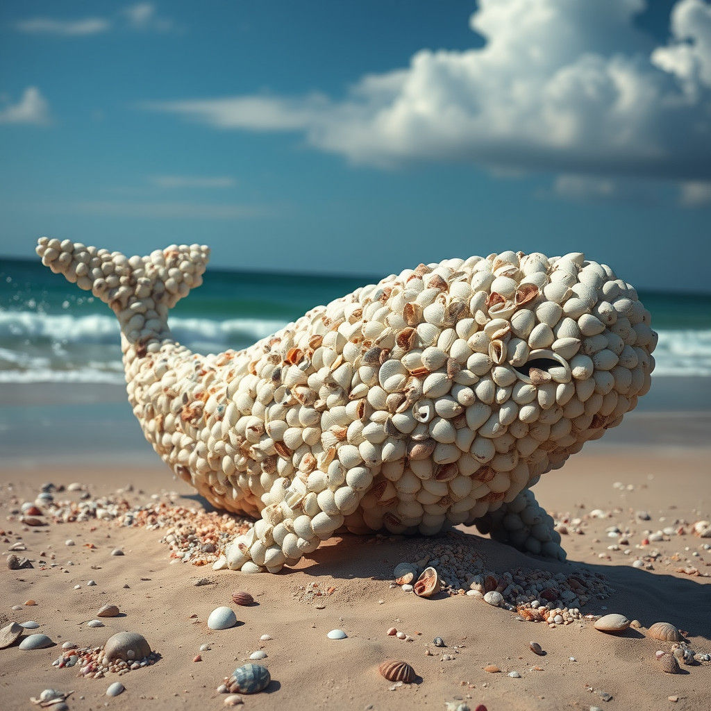 Seashell Whale Sculpture: Hyperrealistic Beach Art
