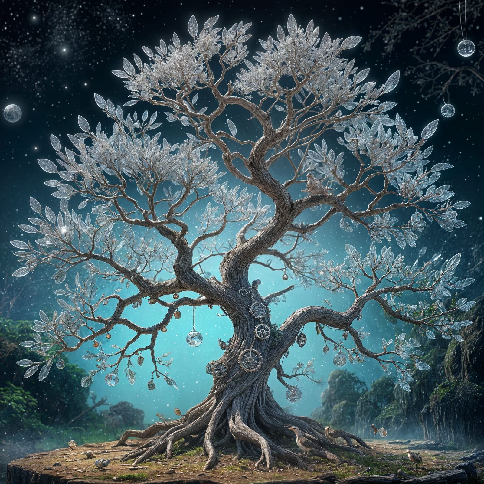 Magical Crystal Tree with Bio-Steampunk Birds