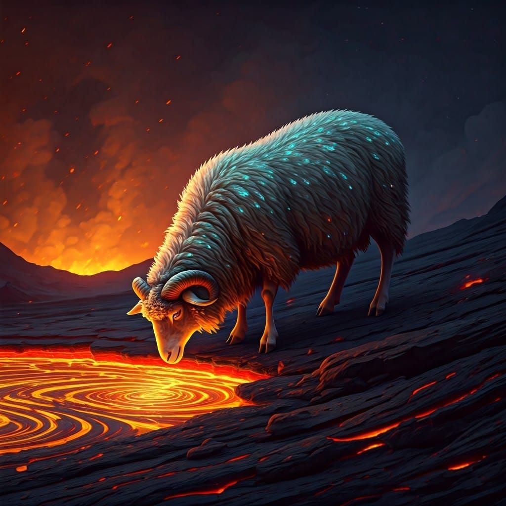 Lava-Drinking Sheep in Surreal Landscape