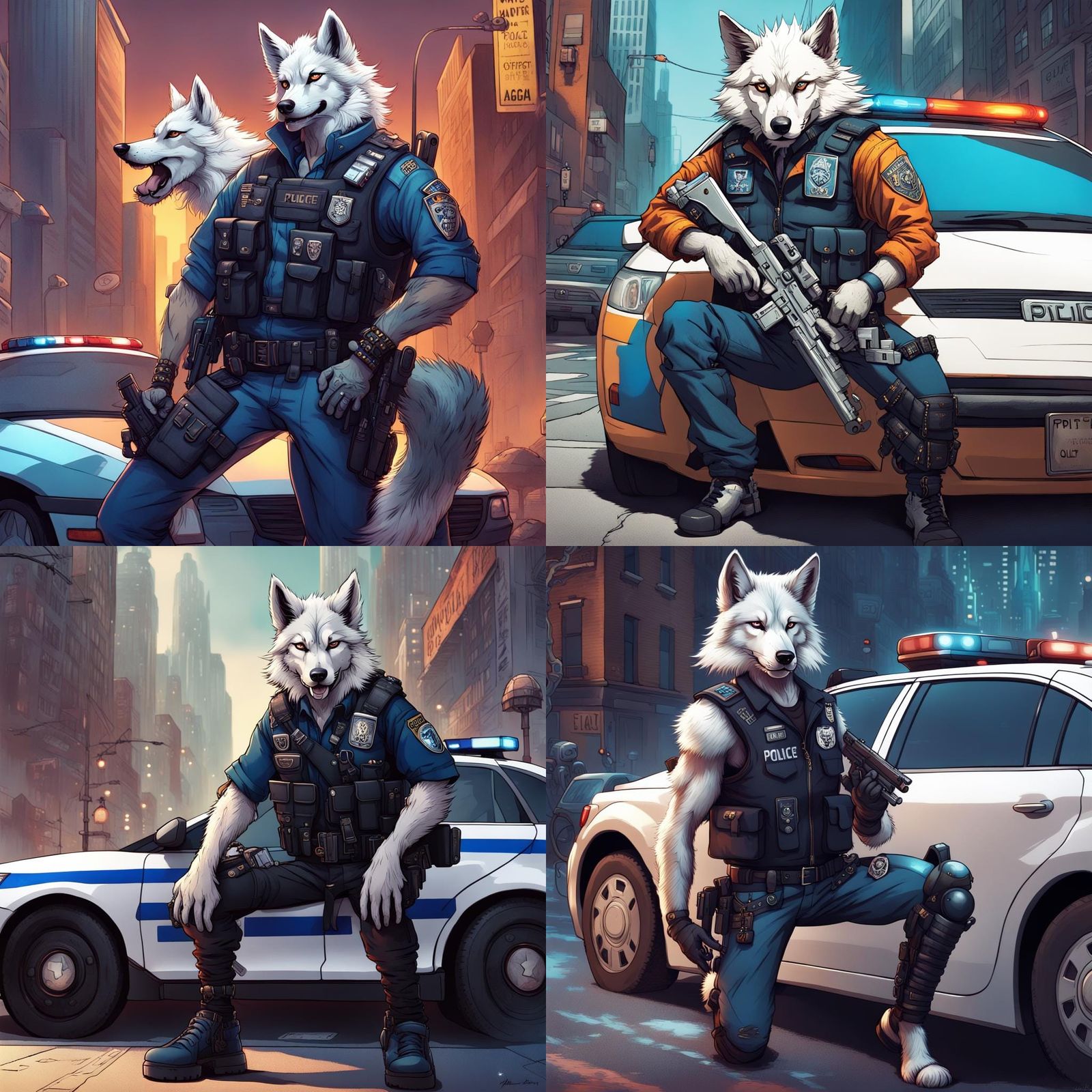 Anthro Wolf Officer in Cyberpunk City, Digital Painting