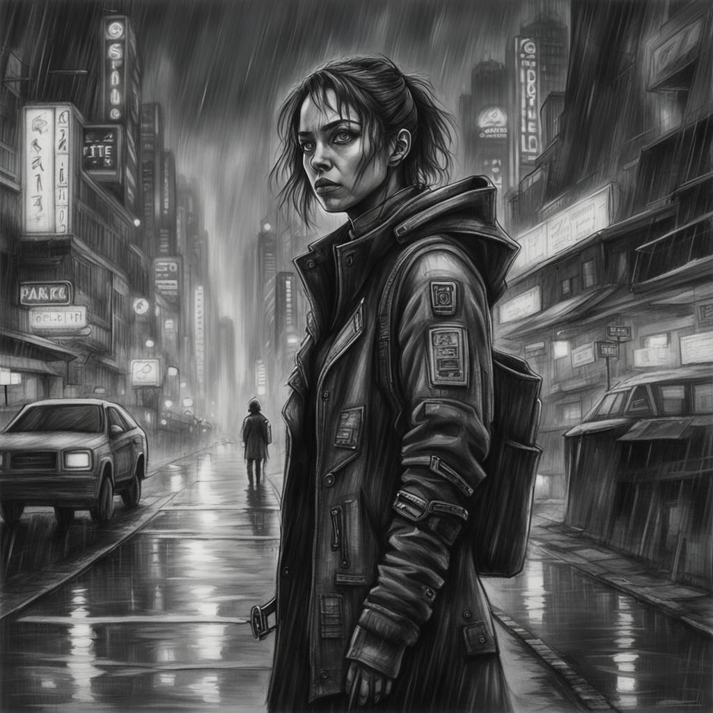 Cyberpunk Protagonist in Rainy City: Charcoal Drawing