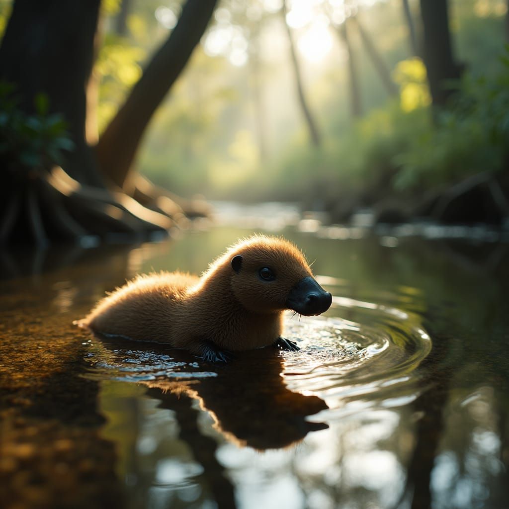 Platypus in Tasmanian Stream: Cinematic Documentary Style