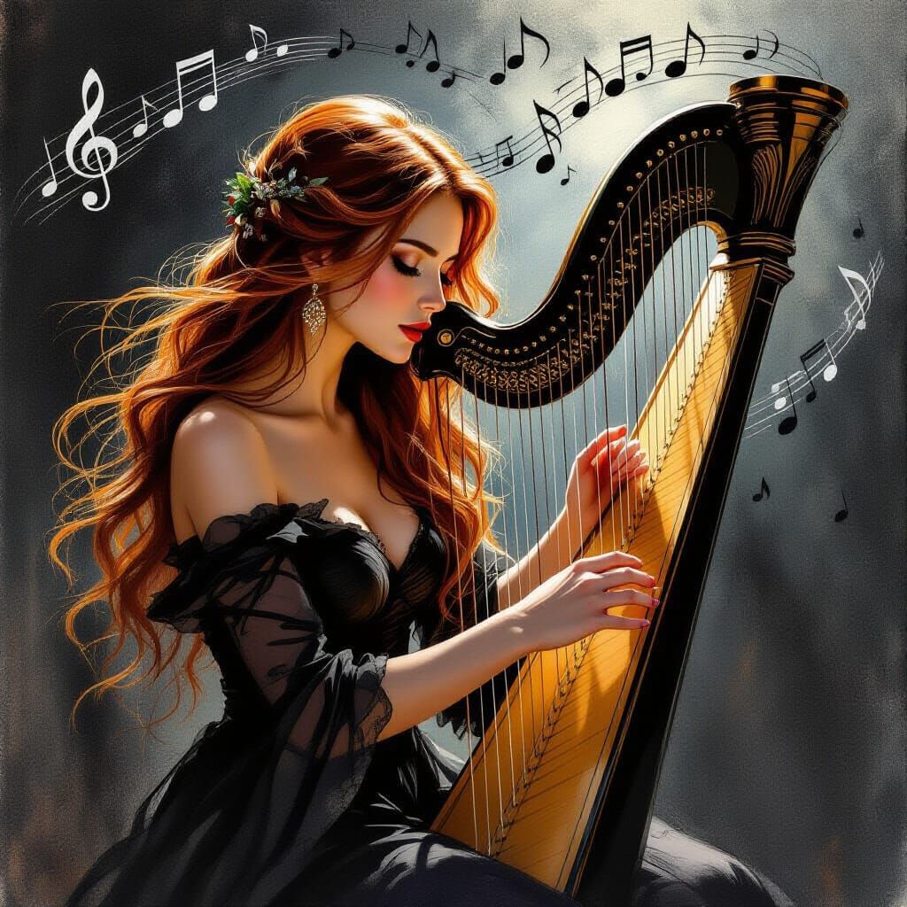 Red-Haired Harpist Plays Amidst Flying Musical Notes