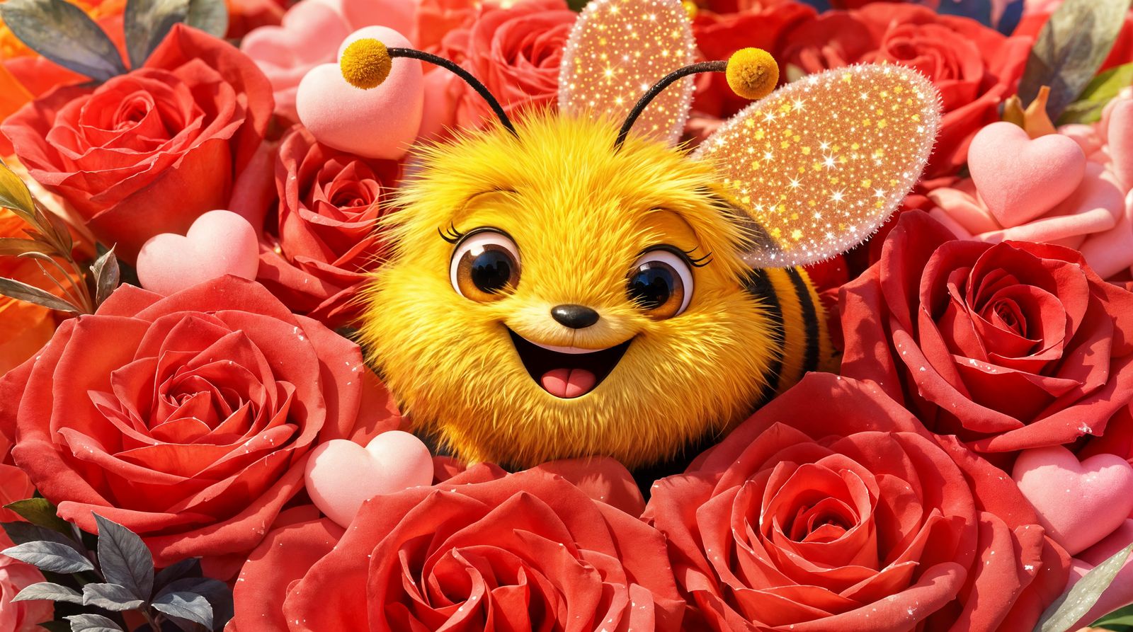 Charming CGI Cartoon Bee Amidst Hearts and Roses