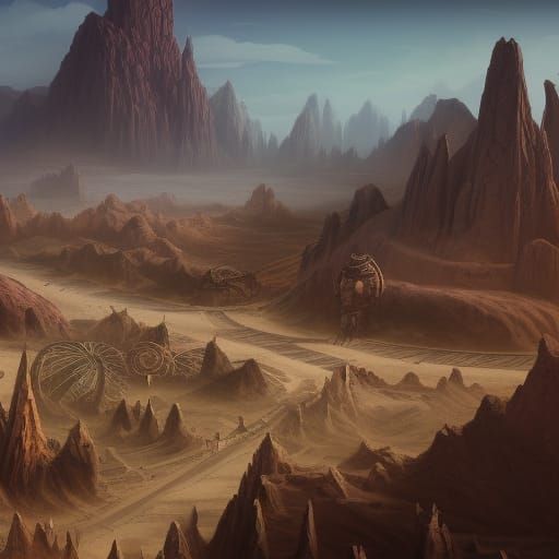 Clockwork City Desert Landscape in Matte Painting Style