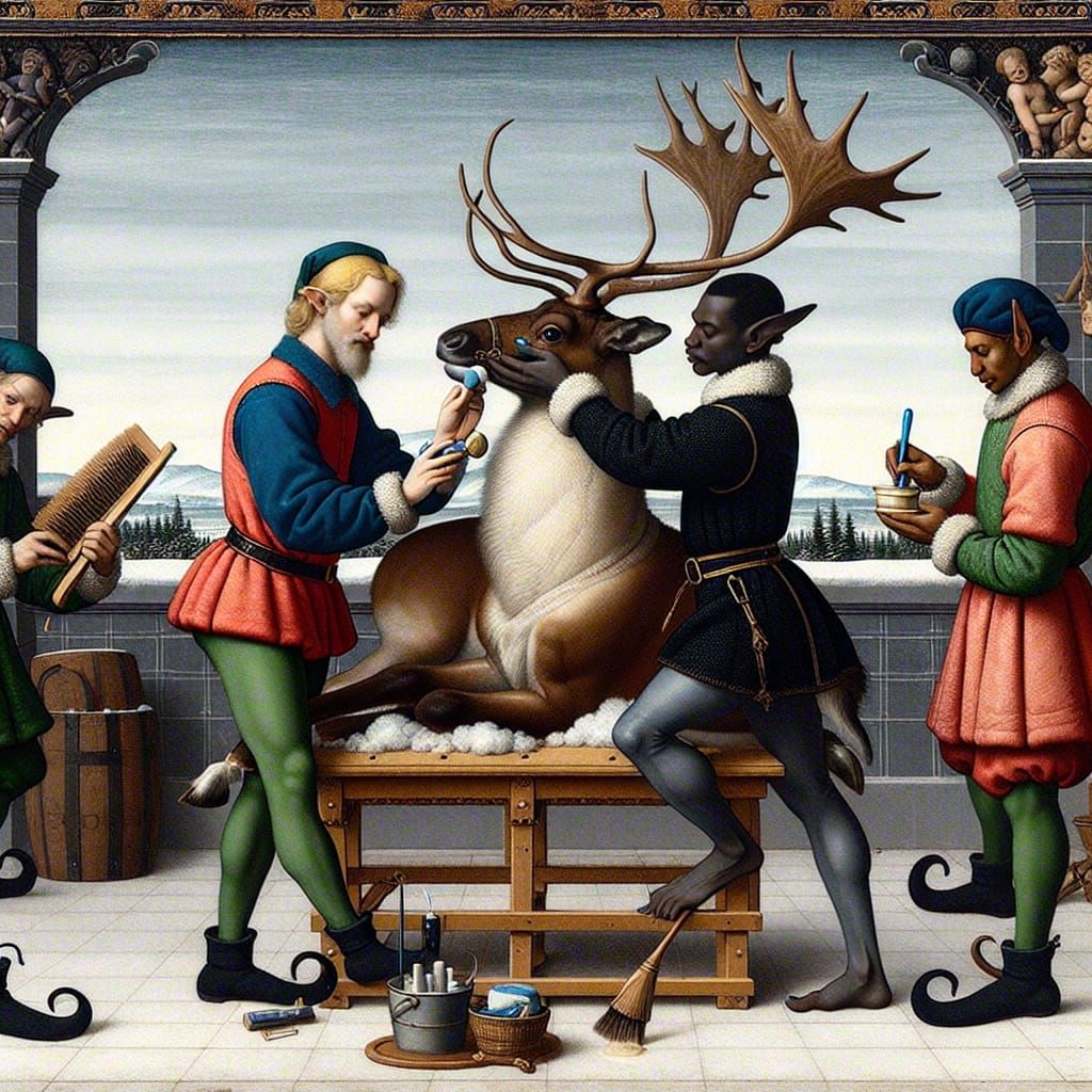 Elves Prepare Reindeers for Sleigh in Detailed Oil Painting
